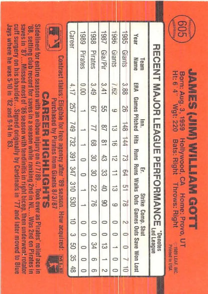 1990 Donruss #605 Jim Gott baseball card featuring performance statistics and data