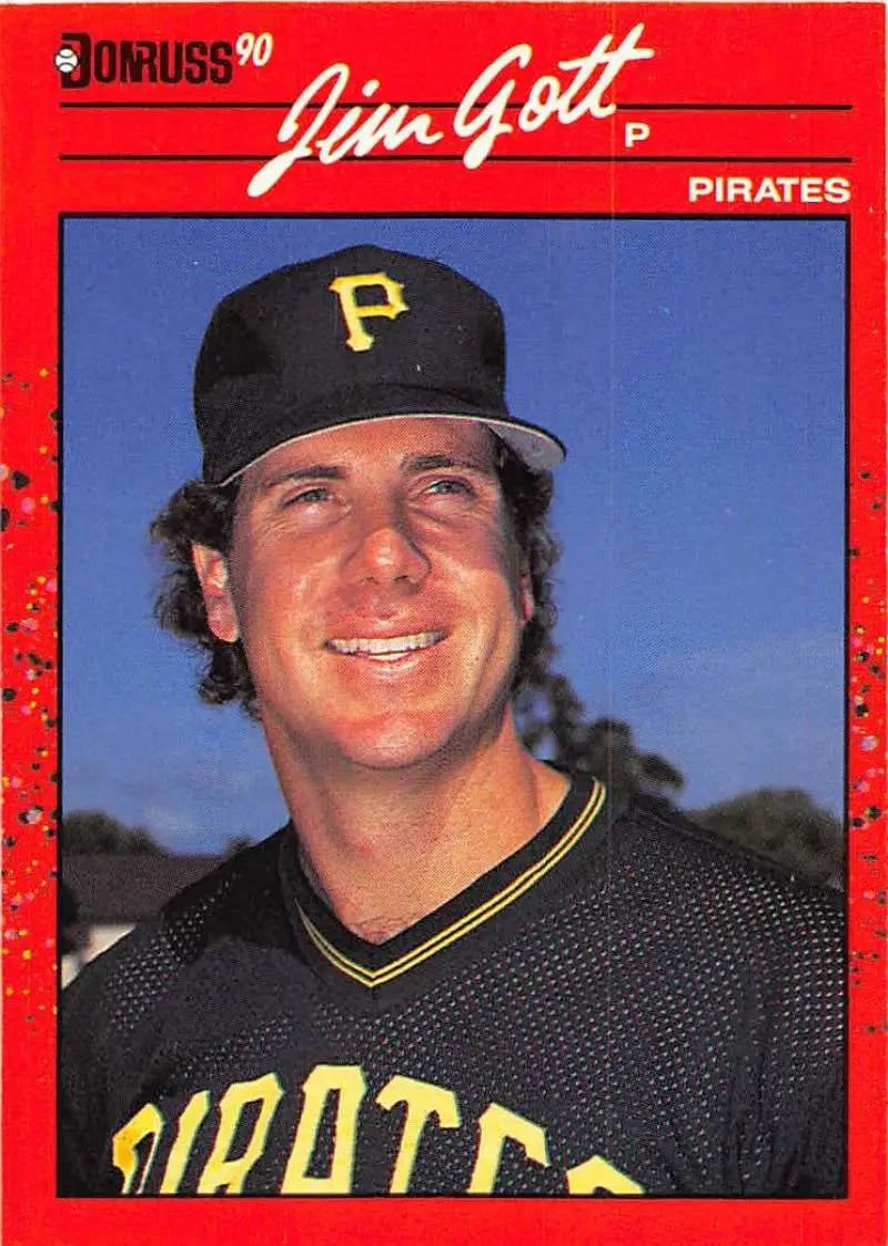 Red-bordered 1990 Donruss Jim Gott baseball card featuring Pittsburgh Pirates pitcher