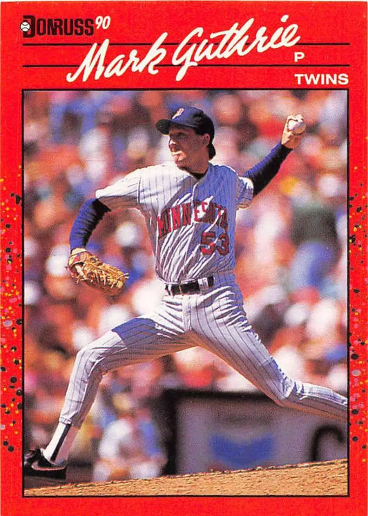 Red 1990 Donruss Mark Guthrie rookie baseball card for Minnesota Twins trading cards
