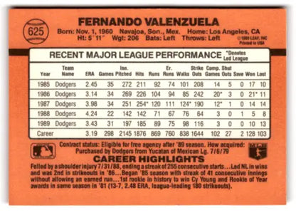 1990 Donruss #625 Fernando Valenzuela baseball card in original gloss near mint condition