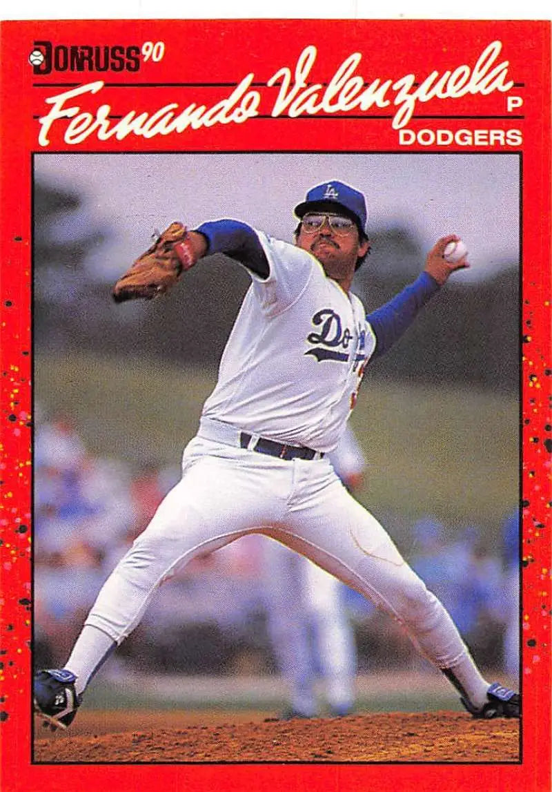 Red-bordered 1990 Donruss Baseball Card of Dodgers pitcher Fernando Valenzuela in action