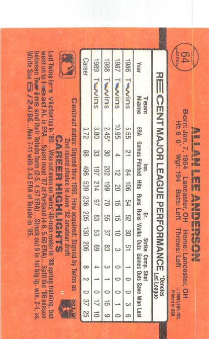 Orange baseball card featuring Allan Anderson’s stats, part of trading cards collection