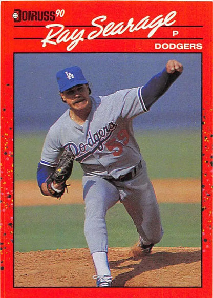 1990 Donruss Ray Searage Los Angeles Dodgers card with pitcher in mid-delivery