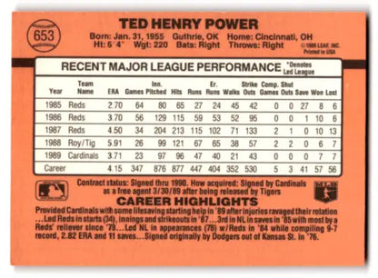Back of 1990 Donruss #653 Ted Power baseball card with original gloss for collectors