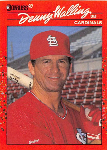 Red 1990 Donruss baseball card of Denny Walling, St. Louis Cardinals shortstop