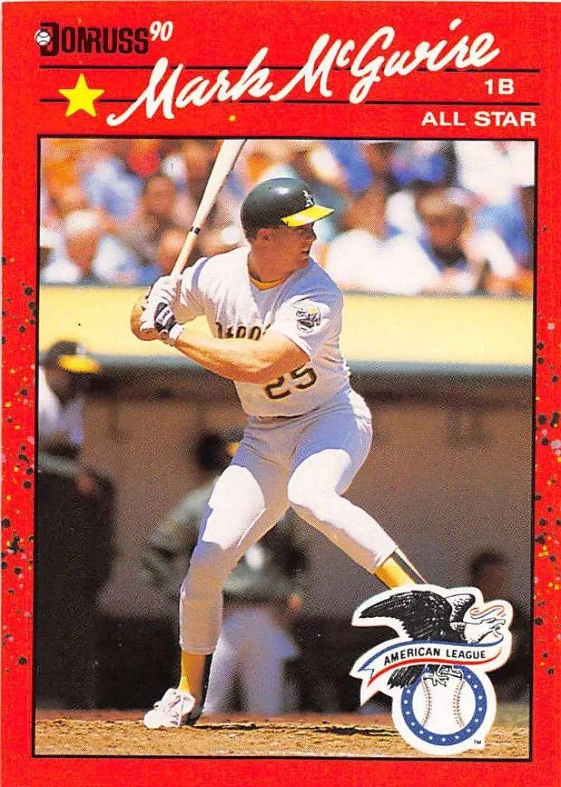 Red 1990 Donruss Baseball Card featuring Mark McGwire of the Oakland Athletics