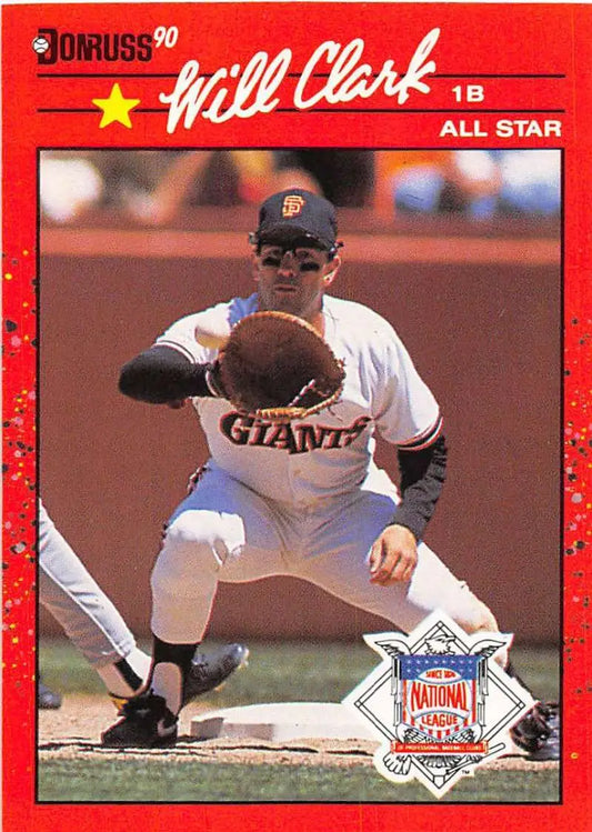 Baseball player in San Francisco Giants uniform fielding at first base for card display