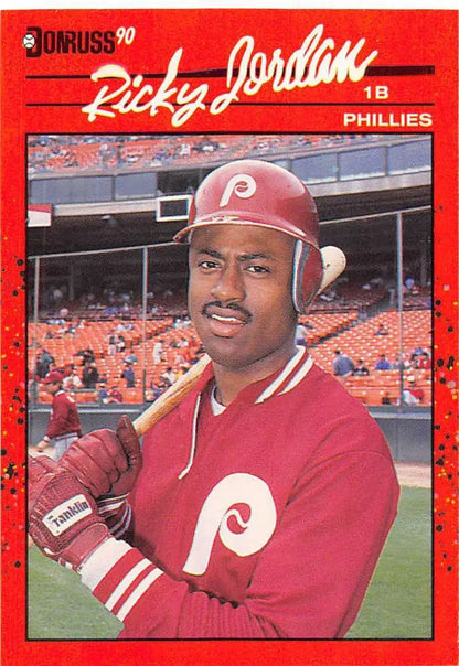 1990 Donruss Ricky Jordan baseball card featuring Philadelphia Phillies red uniform
