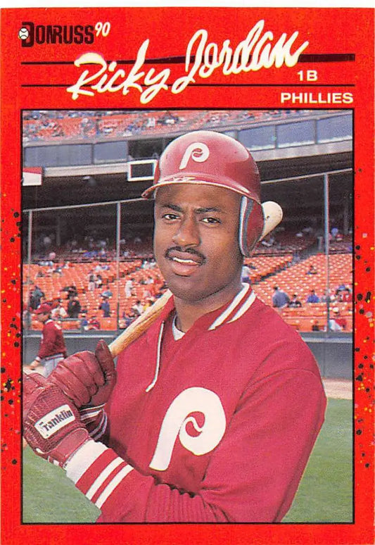 1990 Donruss Ricky Jordan baseball card featuring Philadelphia Phillies red uniform