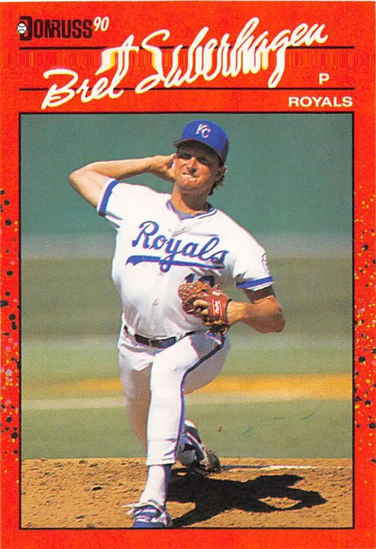 1990 Donruss Baseball Card of Bret Saberhagen delivering for Kansas City Royals