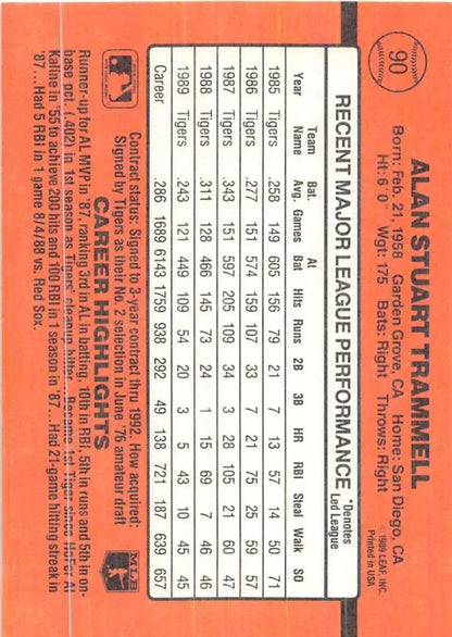 1990 Donruss #90 Alan Trammell Baseball Card featuring player stats in orange format