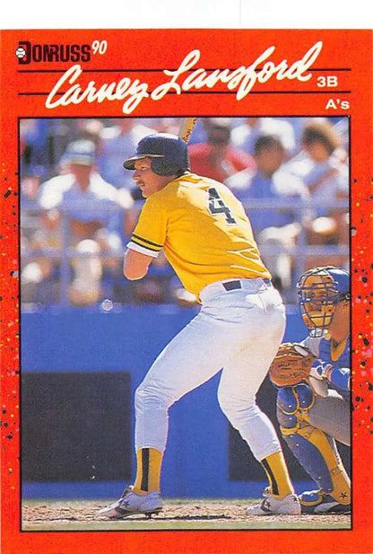 Red-bordered 1990 Donruss Carney Lansford baseball card featuring Oakland A’s player at bat