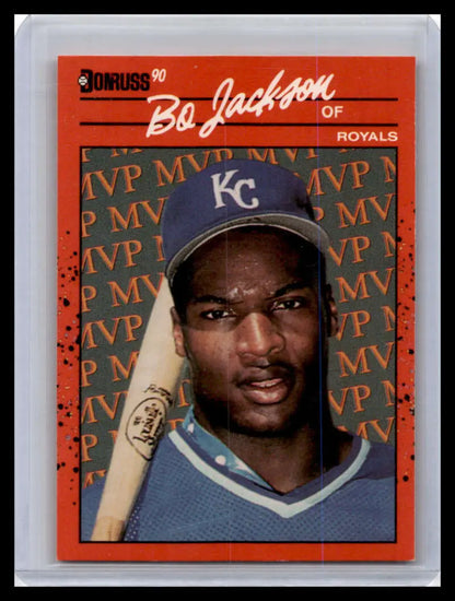 1990 Donruss Bo Jackson card with Kansas City Royals MVP-patterned background