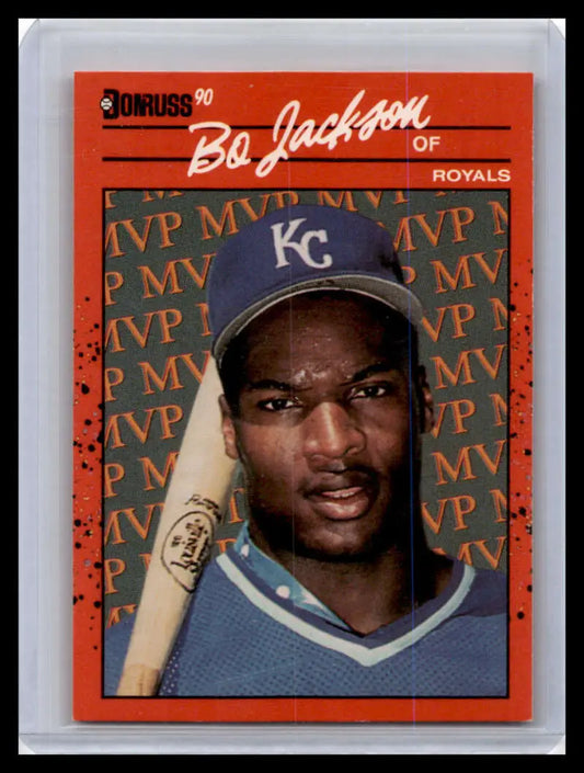 1990 Donruss Bo Jackson card with Kansas City Royals MVP-patterned background