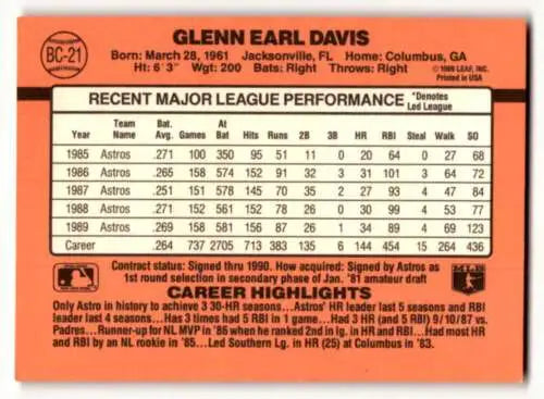 Baseball card featuring Glenn Davis Houston stats and highlights from the 1990 Donruss set