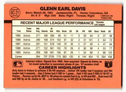 Baseball card featuring Glenn Davis Houston stats and highlights from the 1990 Donruss set