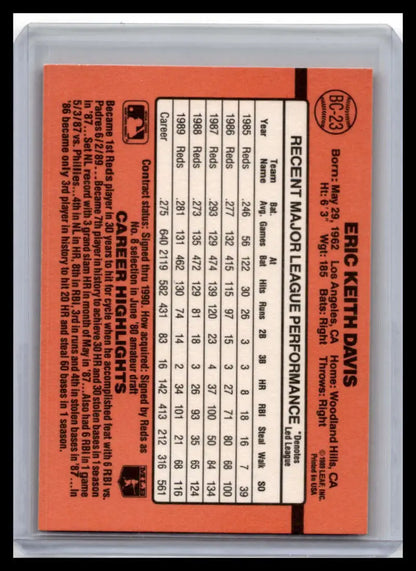 Orange and black baseball card featuring Eric Davis of the Cincinnati Reds with stats