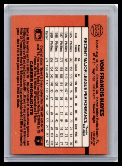 Orange 1990 Donruss Von Hayes baseball card featuring Philadelphia Phillies stats