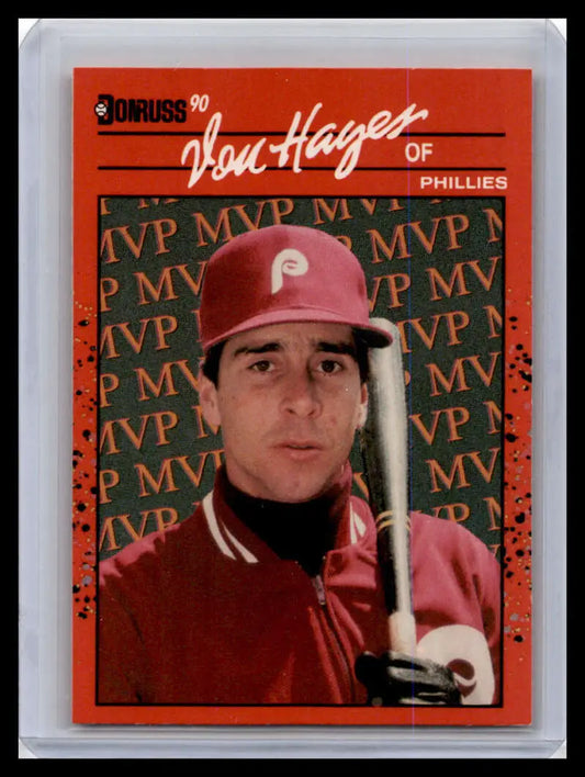 Vintage 1990 Donruss Von Hayes baseball card with MVP text, Philadelphia Phillies design