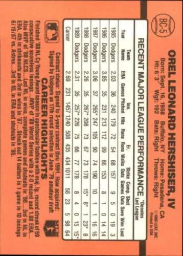 Orel Hershiser baseball card back from 1990 Donruss Bonus MVPs NM-MT Dodgers original gloss