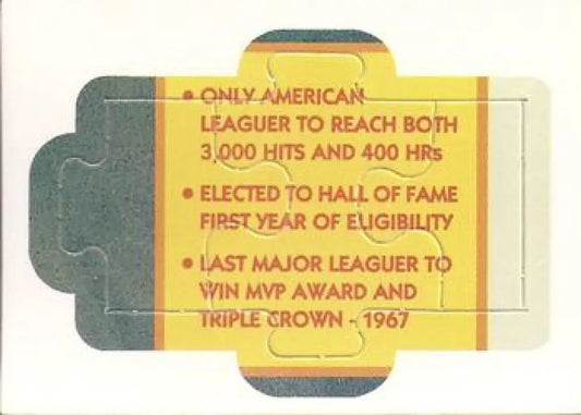 Vintage Yastrzemski puzzle with original gloss featuring baseball trivia from Donruss Carl Yastrzemski