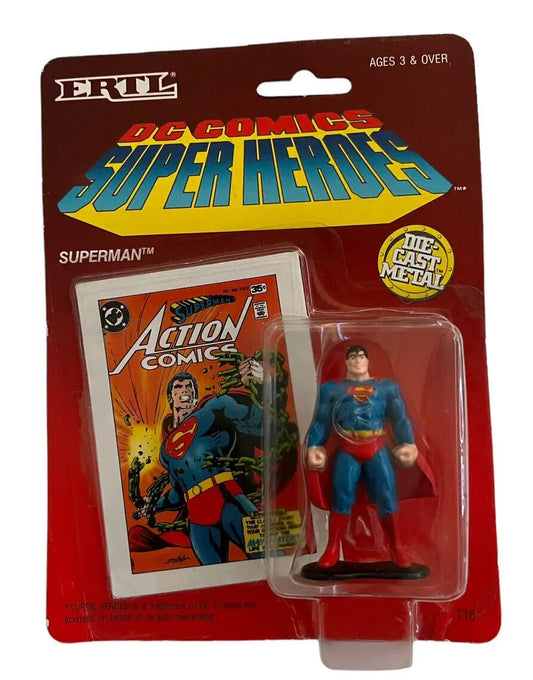 Vintage ERTL Die-Cast Superman Figure in original packaging with Action Comics mini-comic