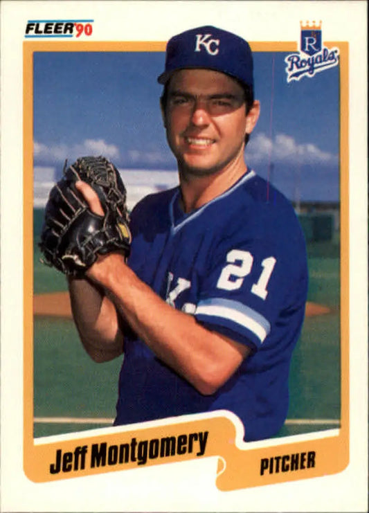 1990 Fleer Jeff Montgomery Kansas City Royals Baseball Card in blue uniform