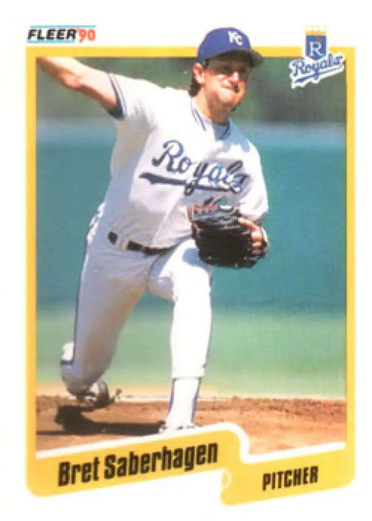 Baseball card of Bret Saberhagen, Kansas City Royals pitcher in mid-throw