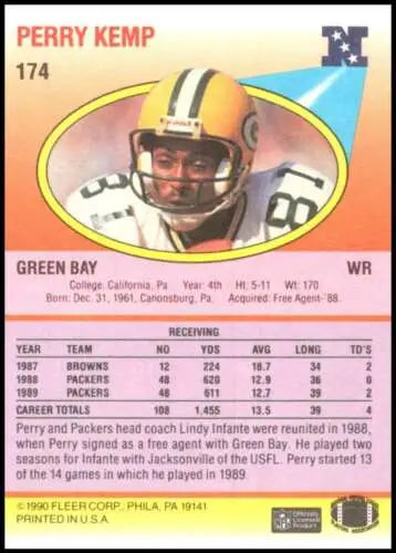 Football trading card of Green Bay Packers’ Perry Kemp with original gloss details