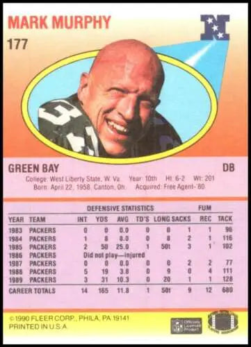 Vintage 1990 NFL trading card featuring Green Bay Packers Mark Murphy in original gloss