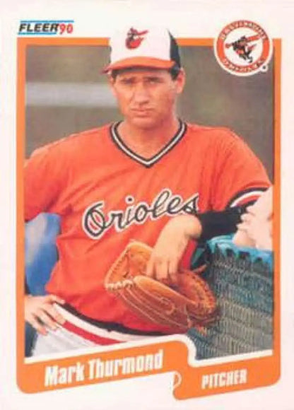 1990 Fleer Mark Thurmond Baltimore Orioles Baseball Card in orange uniform