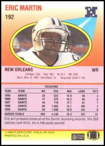 1990 Fleer #192 Eric Martin NM-MT Saints trading card with original gloss finish