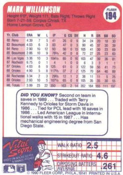1990 Fleer #194 Mark Williamson Baseball Card featuring Baltimore Orioles stats and info