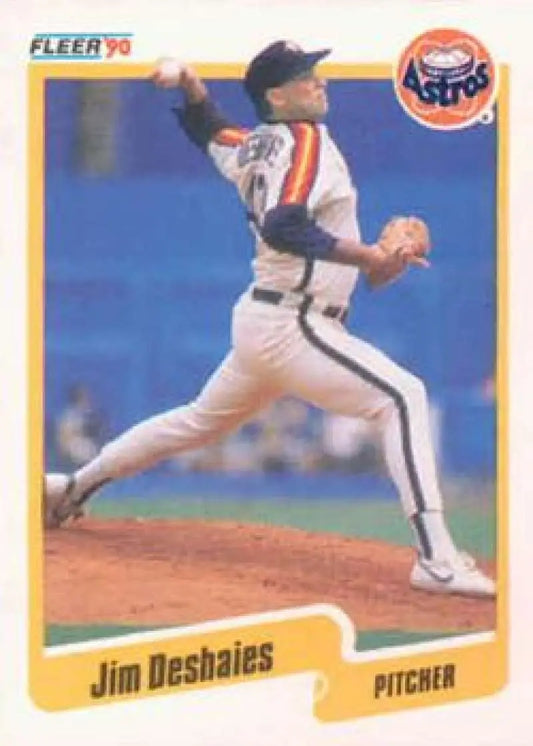 1990 Fleer Jim Deshaies baseball card of Houston Astros pitcher in delivery motion