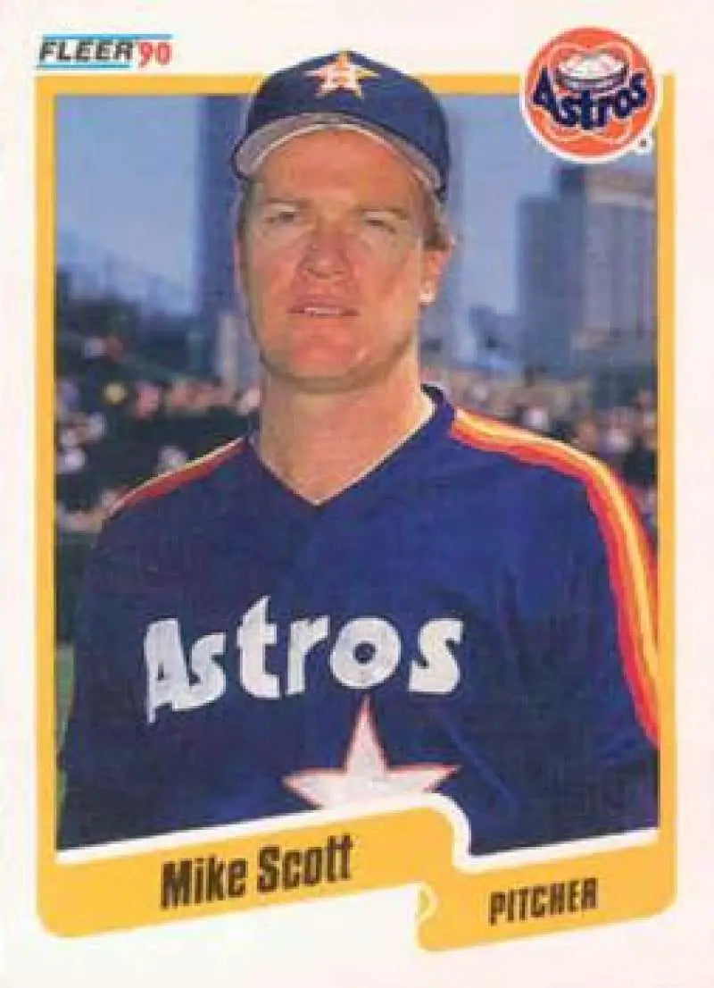1990 Fleer Mike Scott Houston Astros baseball card featuring pitcher in blue jersey