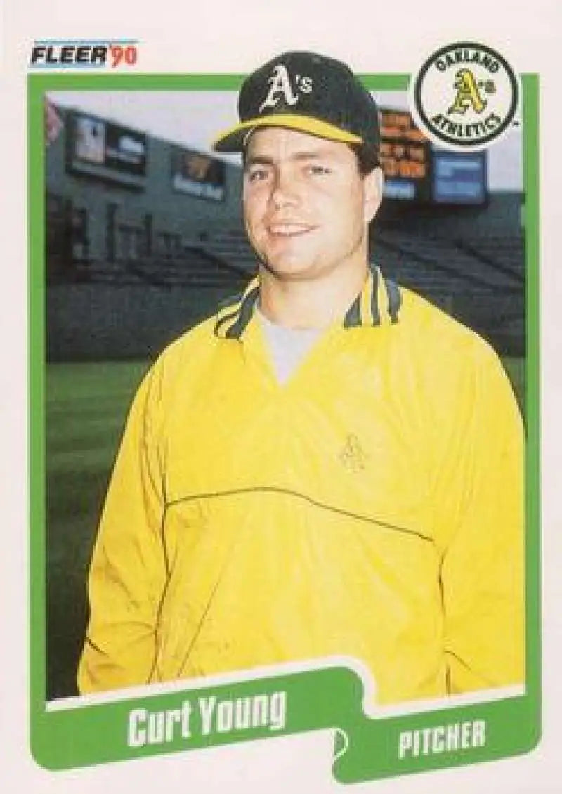 1990 Fleer Curt Young Baseball Card featuring Oakland Athletics pitcher in yellow jacket