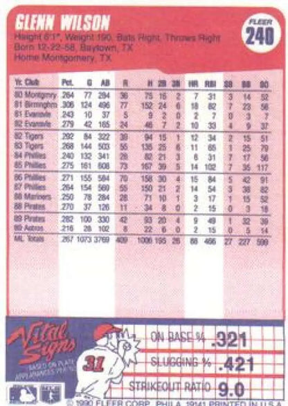1990 Fleer #240 Glenn Wilson Baseball Card featuring Houston Astros player statistics on pink background