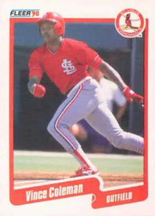 Vince Coleman at bat in red uniform on a 1990 Fleer St. Louis Cardinals baseball card