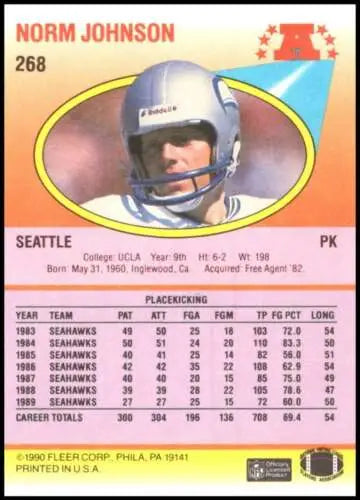 1990 Fleer #268 Norm Johnson NM-MT Seahawks card with original gloss in silver helmet