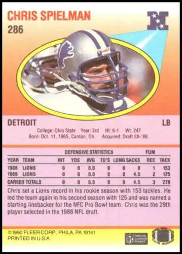 Football trading card of Chris Spielman, a Detroit Lions linebacker with original gloss