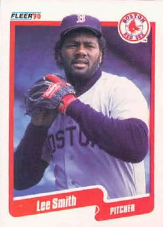 1990 Fleer baseball card of Lee Smith, Boston Red Sox pitcher in white uniform