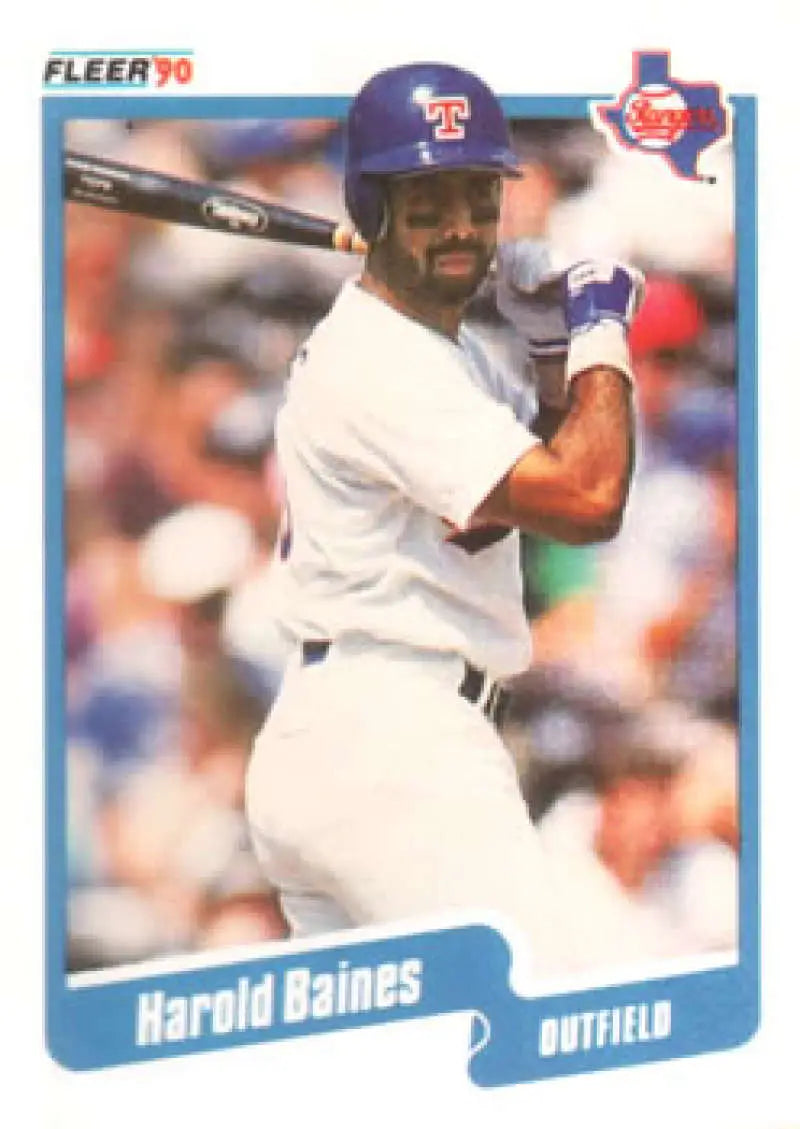 Harold Baines Texas Rangers baseball card showing outfielder at bat in home uniform