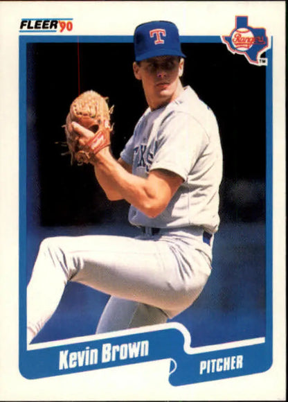 Texas Rangers Kevin Brown baseball card in white uniform during windup motion