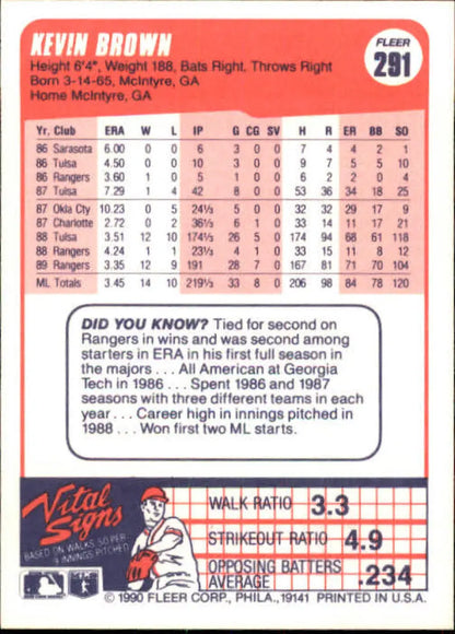 1990 Fleer #291 Kevin Brown NM-MT Texas Rangers Baseball Card player statistics and data