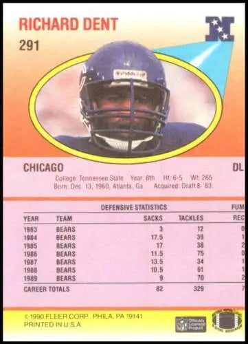 1990 Fleer #291 Richard Dent Chicago Bears football trading card with original gloss