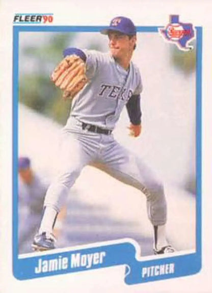 1990 Fleer Jamie Moyer Texas Rangers Baseball Card in mid-delivery motion