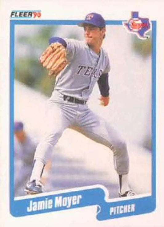 1990 Fleer Jamie Moyer Texas Rangers Baseball Card in mid-delivery motion