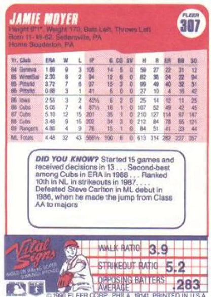 Jamie Moyer Texas Rangers baseball card displaying player stats and information