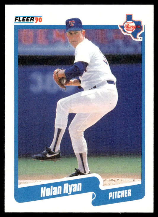 1990 Fleer Nolan Ryan Texas Rangers baseball card showcasing pitcher mid-windup