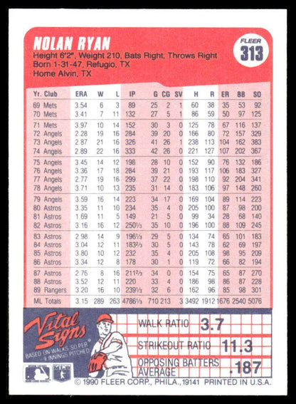Nolan Ryan career statistics on 1990 Fleer Texas Rangers Baseball Card EX/NM